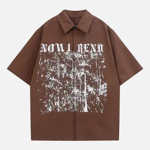 Custom Made 100%Cotton Button Up Woman Shirt Mens Screen Print Brown Irregular Print Short Sleeve Unisex Shirts
