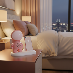 Mini Altavoz Inalámbrico Portátil LED con Diseño de Astronauta, Soporte para Teléfono, Radio FM, Dispositivo Universal para Celulares, Color Oro Rosa, China - Product Image 3