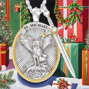 Collana Vintage arcangelo Saint Michael con spada e croce protezione scudo santo angelo ali maglione catena stile - Product Image 4