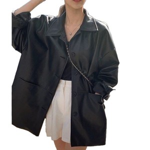 Women's Black Leather Jacket Loose Fit Blazer Style Woven Fabric High-End Design For Petite Figures - Product Image 5