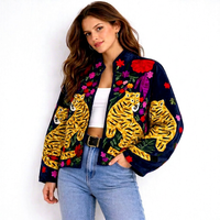 Veste pour femme confortable et décontractée, avec motifs de tigre brodés à la main, richement ornée de fils dorés, style bohème chic, blazer en velours d'hiver