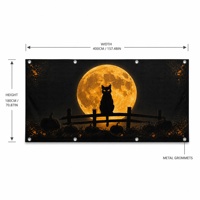Drapeaux et Bannières Personnalisés pour Garage, Motif Chats Noirs Nuit d'Halloween, en Polyester Durable, Cadeaux Promotionnels pour Salons Professionnels, Ambiance Festive Intense
