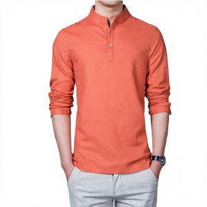 Chemises Henley décontractées pour hommes, coupe ajustée, avec poches, col montant, manches longues, boutonnées, en coton/fibre de bambou tissé, imprimées, anti-plis - Product Image 4