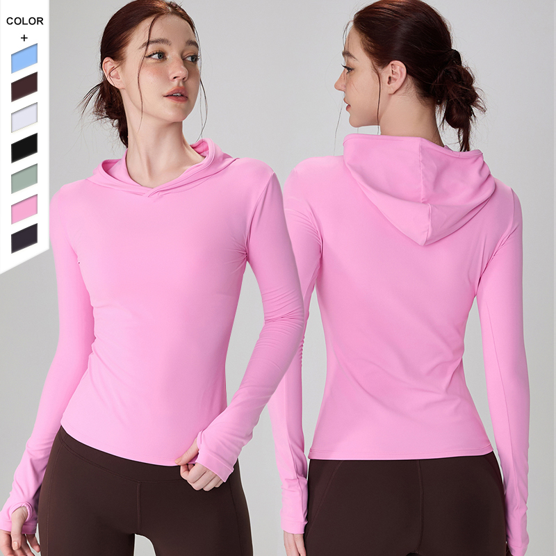 New Style Nude Feeling Yoga Tops Thumbs Holes Hood Slimming Version Fitness Long Sleeves