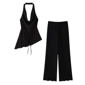 Nouvel ensemble 2 pièces pour femme : haut asymétrique à col suspendu en polyester respirant et pantalon fluide, idéal pour l'été - Product Image 2