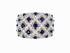 Bague large en or 18 carats sertie de saphirs bleus et de diamants naturels, bijou de luxe pour femme, bicolore multicolore, joaillerie fine. - Product Image 1