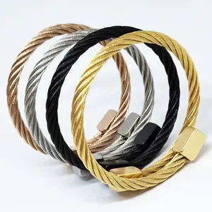 New Trendy High Quality Luxury Punk Square Round Ending Bracelets Stainless Steel Cable Wire Expandable Bracelet Bangle