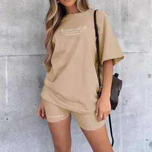 Camiseta de algodão com estampa de letras, camiseta solta fashion, calças curtas, esportiva casual, conjunto de duas peças para mulheres, conjunto de 2 peças