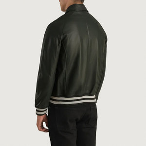 <b>Men's</b> Black PU <b>Leather</b> Bomber <b>Jacket</b> with Zipper Closure and Striped Cuffs Casual Autumn Wear - Product Image 2