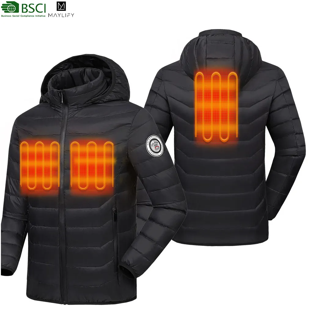 Outdoor Rechargeable Warm Cloth Men Windproof Zipper Winter Puffer Bubble Pockets Hooded Techwear Coat Heated Jacket