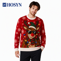 Pull tricoté homme Noël motif renne Rudolph lumières colorées col rond hiver Xmas Ugly Knitted