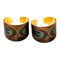 JLD-109 Pendientes de Aleación con Forma de C, Estilo Étnico Vintage, con Plumas de Pavo Real para Mujer