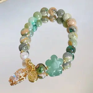 Chinese Crystal Pixiu Charm Natural Stone Beaded Bracelets for Women Attract Wealth Healthy Jewelry Jade Flower Beaded Bracelet