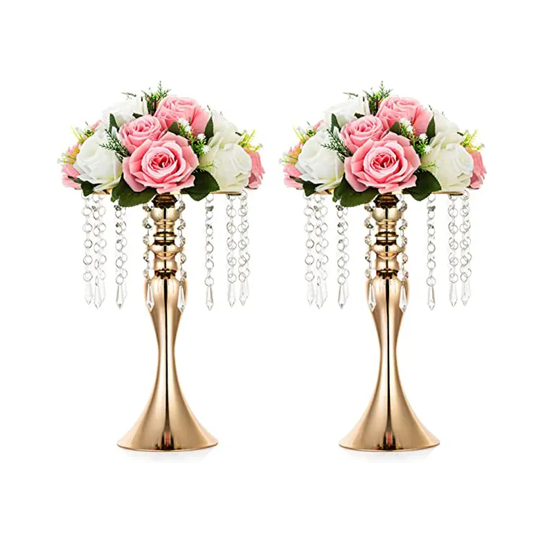 Gold Silver Metal Vase Crystal Arrangement Flower Stand, Tall Crystal Flower Stand Wedding Road Lead Table Centerpieces