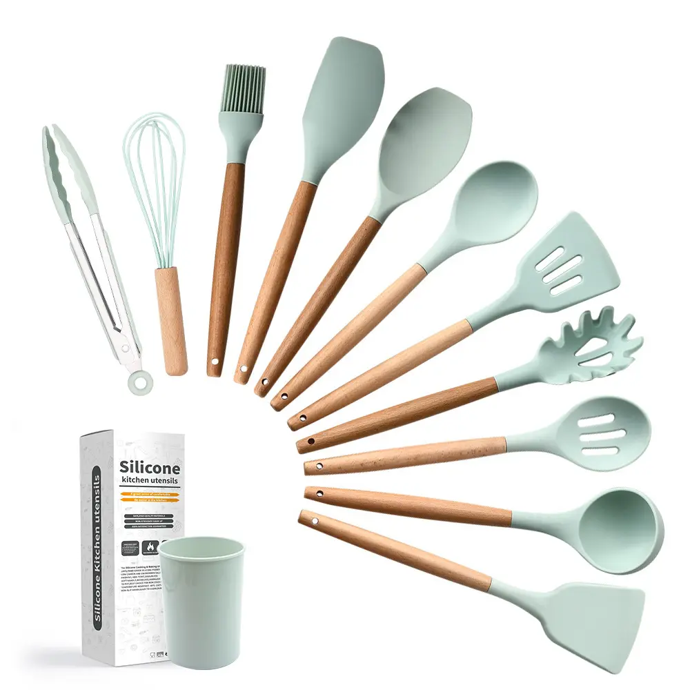 Commercio all'ingrosso casalinghi in legno naturale utensili da cucina Set di alluminio antiaderente pentole Set