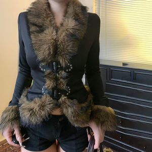 Y2K Retro Fur-Collar Cardigan <b>Jacket</b> with Leather Buttons, Cinched Waist Design, Street-Style Casual Outerwear for Versatile - Product Image 5