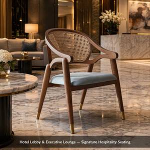 <span class=keywords><strong>Fauteuil</strong></span> de salle à manger en rotin tressé en bois massif avec dossier en tissu rembourré pour hôtel, restaurant, café - Product Image 2