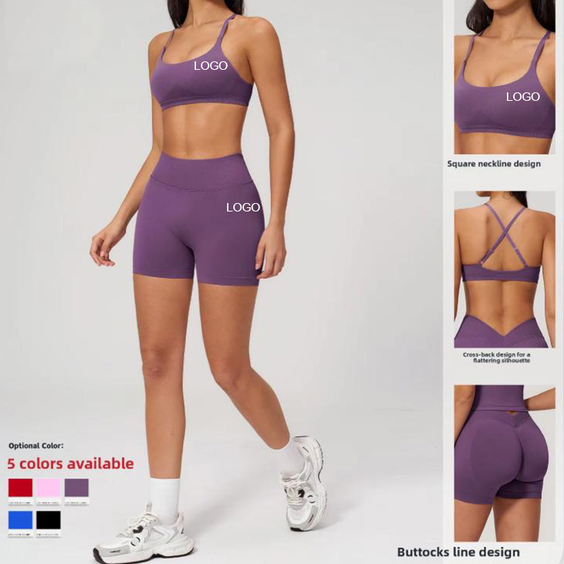 Hot Seamless Solid Women's Off-Shoulder Yoga Shorts 2-Piece Set Quick-Dry Tight Sports Suit Outdoor Casual Running Fitness Front