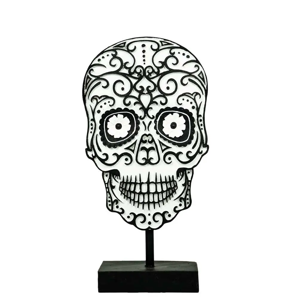 Venta al por mayor hecha a mano eco amigable de resina skulle cara estatuilla polyresin decoración de Halloween con soporte