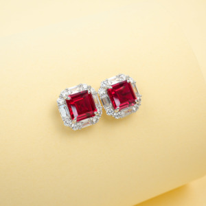 925 Sterling Silver Emerald Cut Lab Created Ruby Halo <b>Stud</b> Earrings - Product Image 4