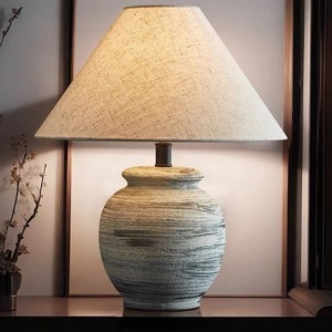 Handcrafted Rustic with Fabric Shade Vintage Textured Pottery Desk Lamp for Living Room Bedroom Hotel Decor <strong>Table</strong> Lamp - Product Image 3