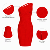 Robe moulante mini rouge asymétrique à une épaule pour femme, avec panneau uni et fermeture éclair au dos, idéale pour l'été, les soirées, les clubs et les cocktails