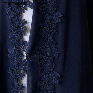 Women Navy <b>Blue</b> Ribbed Knit Abaya White Lace Trim Crew Neck Long Sleeve Modest Muslim Casual Daily Wear Maxi Dres - Product Image 3