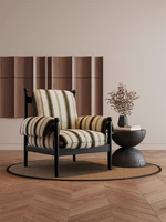 Fauteuil vintage français en tissu rayé avec structure en bois noir, chaise d'appoint monoplace pour salon, chambre à coucher, mobilier de maison et de salon.
