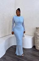 Robe plissée élégante et ajustée à manches longues pour femme, couleur unie, style chic et moulant