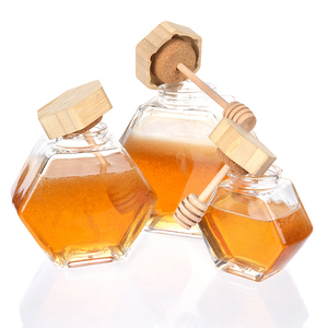Pot De Miel De Miel Pot En Forme De Nid D'abeille En Verre Hexagonal Avec Louche En Bois et Couvercle En Bambou Vide 250ml 380ml <span class=keywords><strong>Cuisine</strong></span> Oem - Product Image 4