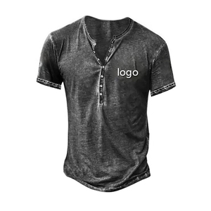 Logo personnalisé hommes é<span class=keywords><strong>t</strong></span>é Vintage en détresse bouton <span class=keywords><strong>col</strong></span> en <span class=keywords><strong>V</strong></span> <span class=keywords><strong>t</strong></span>-shirts lavé à l'acide manches courtes 100% coton tricoté tenue - Product Image 3