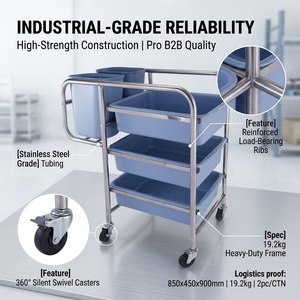 Chariot de collecte de vaisselle robuste en acier inoxydable à pousser à la main avec bacs, haute efficacité pour hôtels et restaurants - Product Image 4