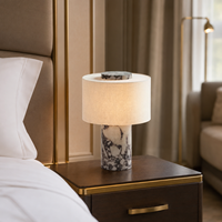 Lampe de table décorative de luxe en albâtre et laiton avec abat-jour en tissu |   Lampe de chevet LED moderne pour chambre à coucher, commande tactile, blanc chaud