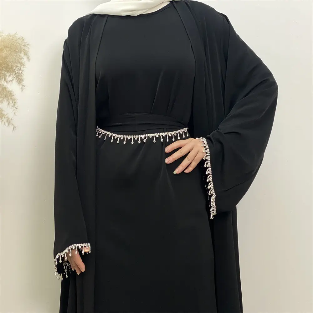 600 ouvert abaya perlée femmes musulmanes 2 pièces abaya ensemble kimomo avec intérieur slip robe abaya ensemble diamant soie