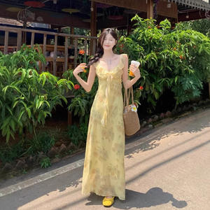 Vestido Maxi Amarillo Floral con Cuello en V, Cintura Natural, Largo Medio, Transpirable, Elegante, Ajustado, Sin Mangas, Estilo Vintage, Moda de Verano - Product Image 2