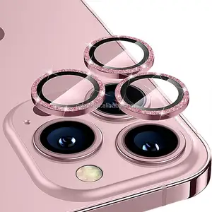 Mobil HD görüntüleme parlayan 3D temperli cam renkli metal elmas çerçeve lens kamera koruyucu için iPhone 14 PRO MAX 6.7 6.1