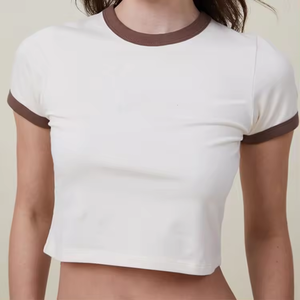 Wholesale Blank Tshirt Rib Trim Contrast <strong>Tan</strong> Color Baby <strong>Tee</strong> Cotton Spandex Ringer <strong>Tee</strong> Cropped Women's T Shirt - Product Image 3