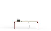 Table de réunion moderne en acier rouge avec prises intégrées, design durable et écologique pour salle de réunion d'hôtel