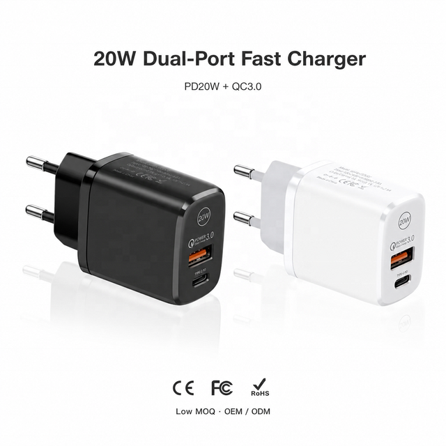 20W USB C Fast Charger Dual Port PD20W QC3.0 Wall Charger USB-A+Type-C for Mobile Phone Tablet Power Bank