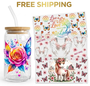 Free Shipping Wholesale Floral Butterfly Angel Wings And Pony Rub UV DTF Cup Wraps for 16oz Libby Glass Can 3D Stereo Texture - Product Image 1