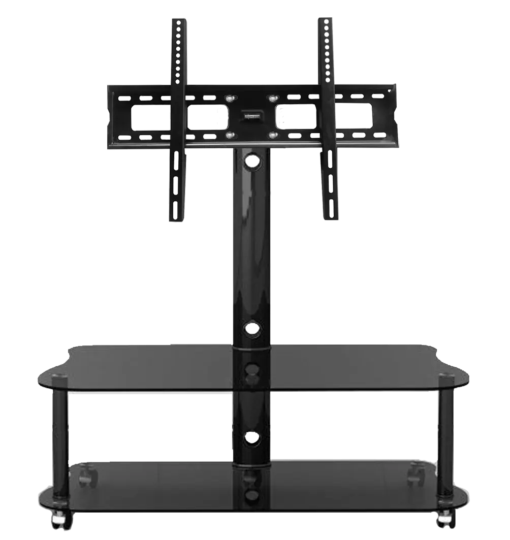 Two Shelving Movable Black Glass Floor TV Stand With 5 Wheels And TV Bracket For 32"~65" LCD/LED TV