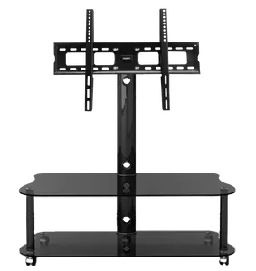 Two Shelving Movable Black Glass Floor TV Stand With 5 Wheels And TV Bracket For 32"~65" LCD/LED TV