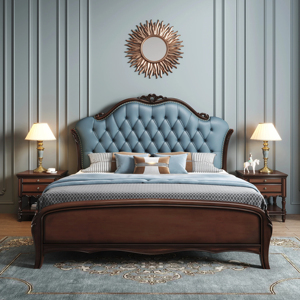 Lit king-size capitonné de luxe, lit queen-size classique en bois avec tête de lit capitonnée, meubles de chambre élégants pour la maison - Product Image 1