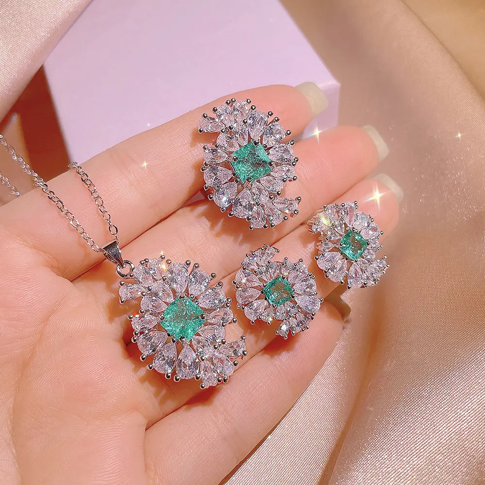 Bridal Party Jewelry Set Design KISS0102 Synthetic Paraiba Green Stone Simple Women Trendy Gift Jewelry