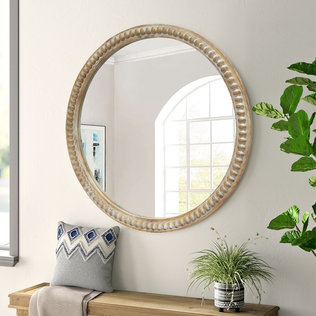 Round Decorative Wall Mirror 31.5" Distressed Wood Beaded Frame Mirror for Entryway Living Room, Bathroom Farmhouse Style