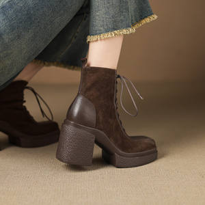 Botines de Piel de Oveja con Cordones Delanteros, Tacón Grueso, Suela Gruesa, Estilo Retro Clásico, Casual, Cómodos, a la Moda, Combinan con Todo - Product Image 2