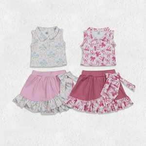 Ensembles de vêtements de yoga et de sport pour bébés filles : jolis gilets à carreaux avec nœuds et boutons, jupes-culottes à volants - Product Image 1