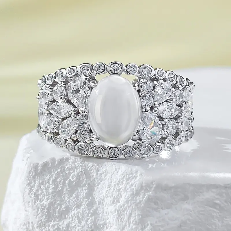 925 Sterling Zilveren Franse Ring 6*8Mm Ovale Witte Jade Ring Gold Plating Voor Vrouwen Fijne Sieraden Ringen