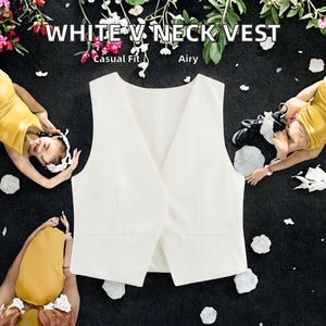 Chaleco Formal de Mujer con Cuello en V y Bolsillos, Tejido, Color Blanco - Product Image 3