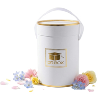 Boîte à fleurs ronde de luxe Dr.Box, logo en feuille d'or, boîte cadeau rigide cylindrique, ruban, poignée, carton gris, papier artistique pour la Saint-Valentin